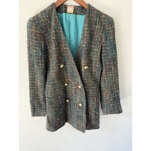 HB Vintage Tweed Blazer Womens Size 6 Mohair Wool Silk Jacket Gold Button Career